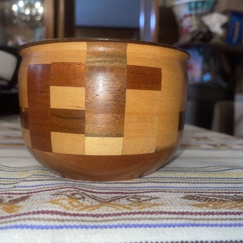 Vintage Natural Wooden Patchwork Inlay 5x3" Bowl
